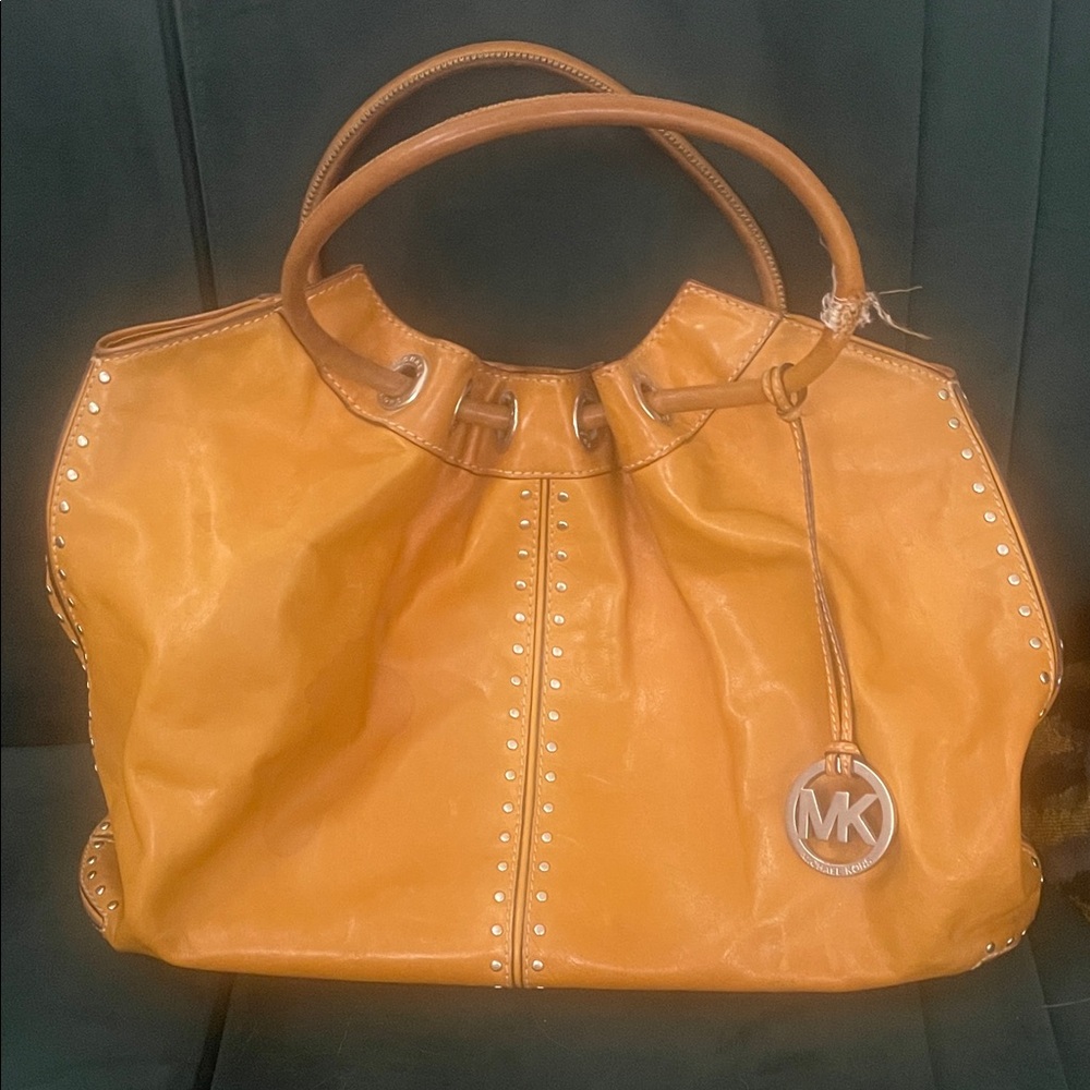 Michael Kors Cognac Leather Studded Tote with MK Charm